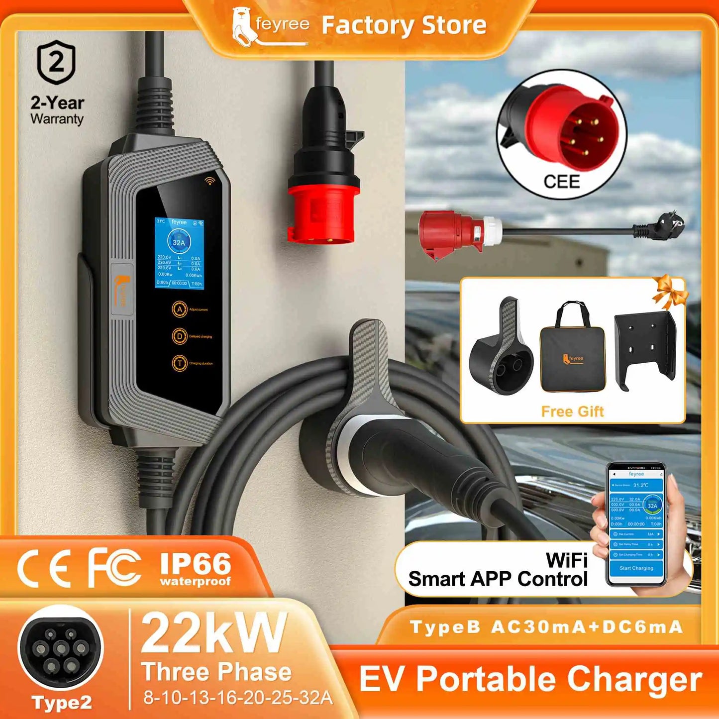 Fey123-Chargeur de voiture électrique, boîtier de charge portable, station de charge pour véhicule électrique, Wi-Fi, commande électrique, 22KW, 32A, 3 phases Vope2 EV