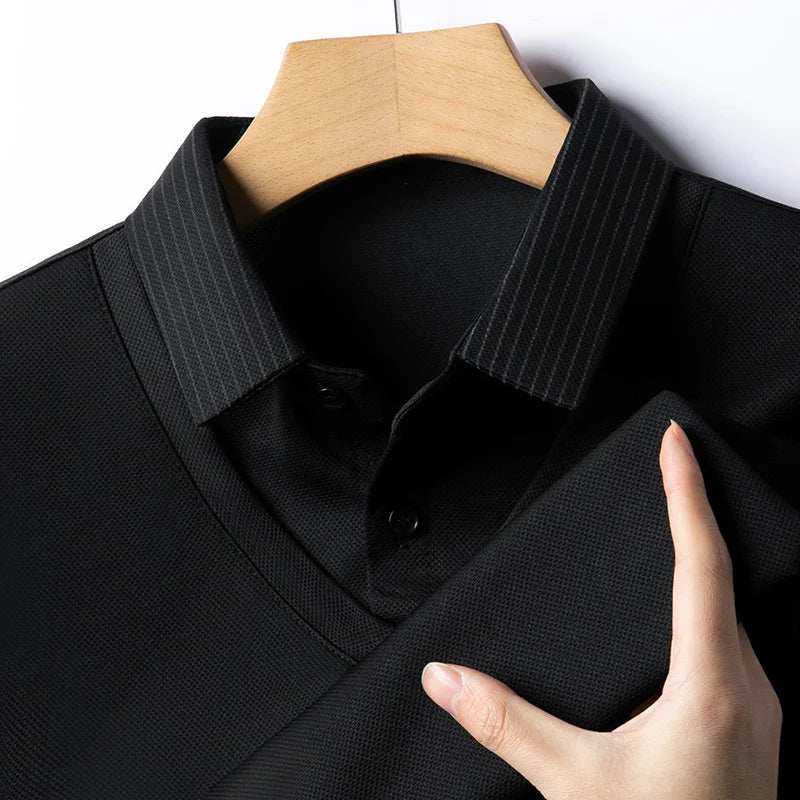 Polo à manches longues pour hommes, décontracté et à la mode, couleur unie, faux deux pièces, Business, toutes saisons, haut polyvalent, nouvelle collection 2025