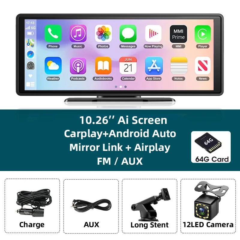 Écran Carplay sans fil portable, caméra de recul arrière HD, autoradio DVR, lecteur vidéo MP5, Android Auto, 10.26 pouces