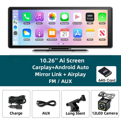 Écran Carplay sans fil portable, caméra de recul arrière HD, autoradio DVR, lecteur vidéo MP5, Android Auto, 10.26 pouces