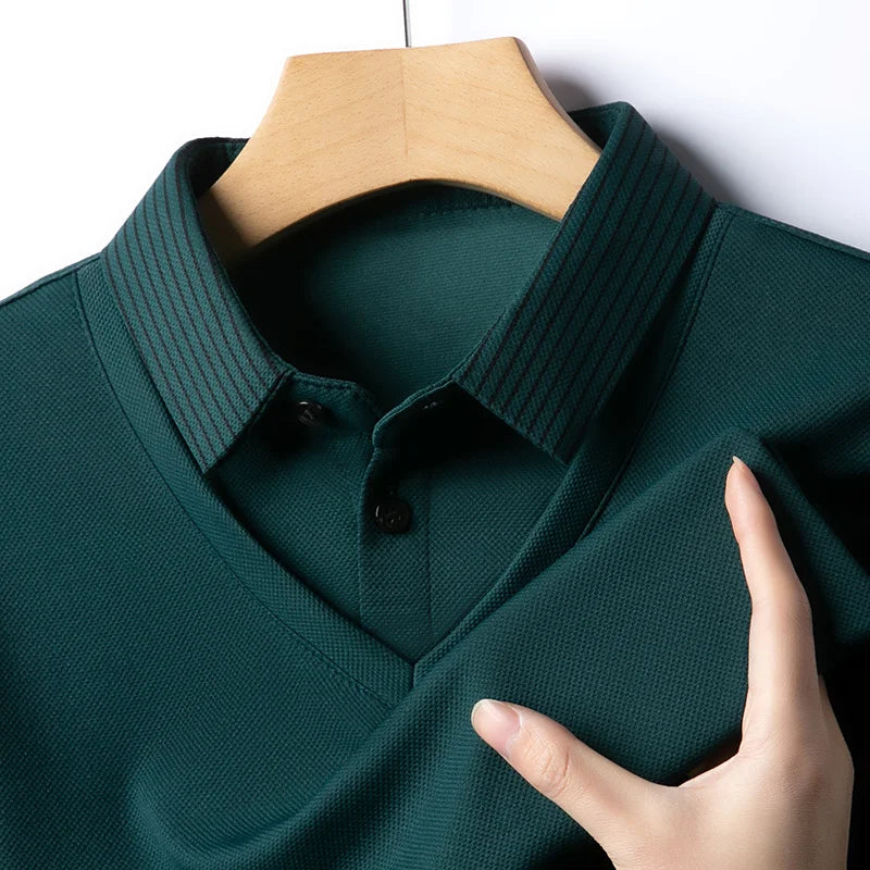 Polo à manches longues pour hommes, décontracté et à la mode, couleur unie, faux deux pièces, Business, toutes saisons, haut polyvalent, nouvelle collection 2025