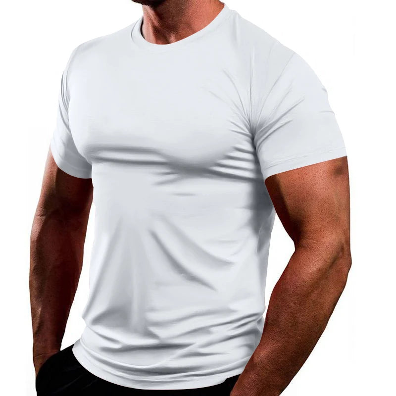 T-shirt slim respirant à séchage rapide pour homme, style Europe et États-Unis, haut de fitness, vêtements de sport, document solide, été, nouveau, 2024
