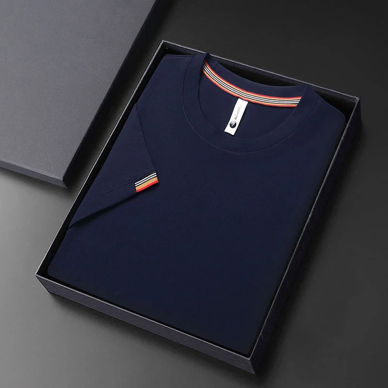 T-shirt à Manches Courtes pour Homme, Col Rond, Solide, avec Poignets Brodés, à la Mode, Confortable, Respirant et artificiel astique