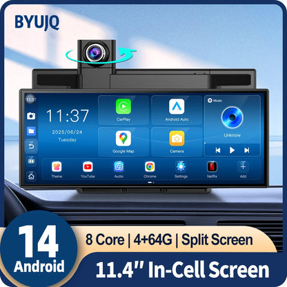 BYUJQ 11.4 'Android 14 8 Core Carplay écran pour voiture Dashcam 4G + 64G sans fil CarPlay et Android Auto Netflix Google Play GPS