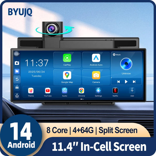 BYUJQ 11.4 'Android 14 8 Core Carplay écran pour voiture Dashcam 4G + 64G sans fil CarPlay et Android Auto Netflix Google Play GPS
