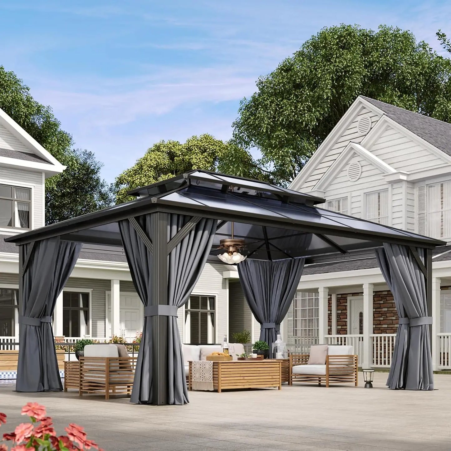 Gazebo à toit rigide en aluminium 12x16 avec rideaux et moustiquaire, toit double en polycarbonate pour jardin, pelouse, terrasse, sur mesure