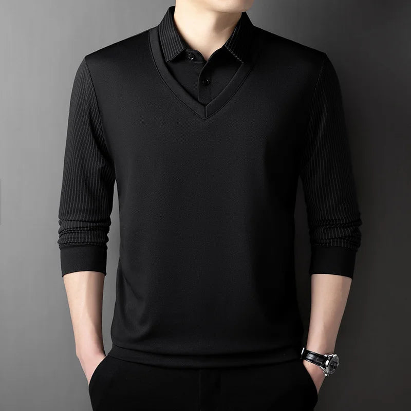 Polo à manches longues pour hommes, décontracté et à la mode, couleur unie, faux deux pièces, Business, toutes saisons, haut polyvalent, nouvelle collection 2025