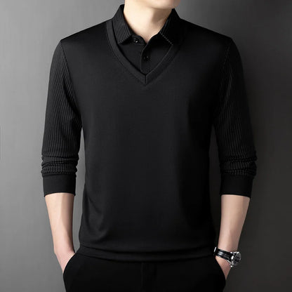 Polo à manches longues pour hommes, décontracté et à la mode, couleur unie, faux deux pièces, Business, toutes saisons, haut polyvalent, nouvelle collection 2025