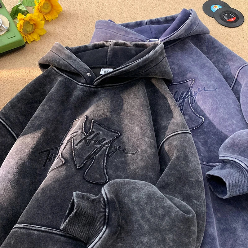 Sweat à capuche rétro lavé 2025 nouveau automne hiver Style de rue hommes à capuche lettres broderie haut à capuche ample surdimensionné sweats à capuche