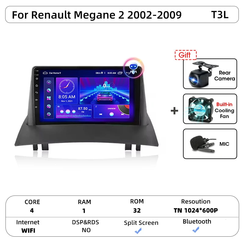 Android Carplay Auto pour Renault Megane 2 2002 2003 2004 2005 2006 2007 2008 2009 lecteur d'autoradio multimédia WIFI + 4G stéréo