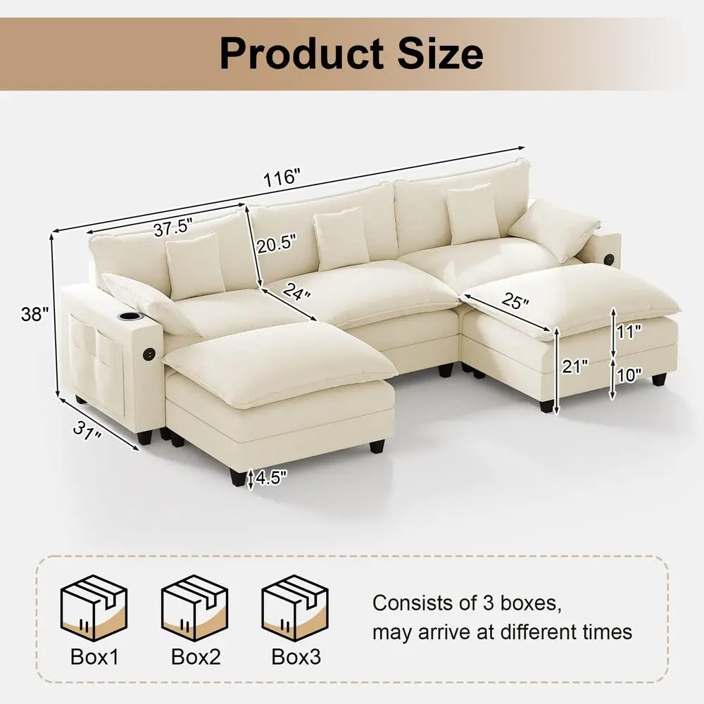 Canapé modulaire 116 sections, canapé nuage en forme de U avec ottoman mobile, canapé nuage en chenille à assise profonde avec station de charge, porte-gobelets