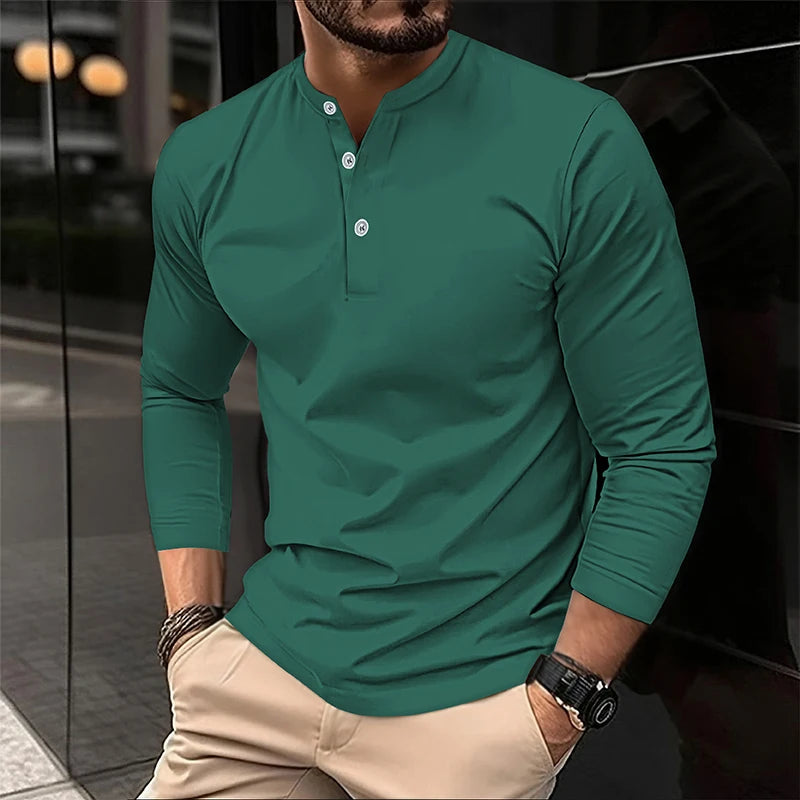 تي شيرت بولو رجالي صيفي 2025 بأكمام طويلة وياقة هنري، كاجوال ومسامي ومريح، تي شيرت بولو سادة عالي الجودة للرجال، شحن مباشر