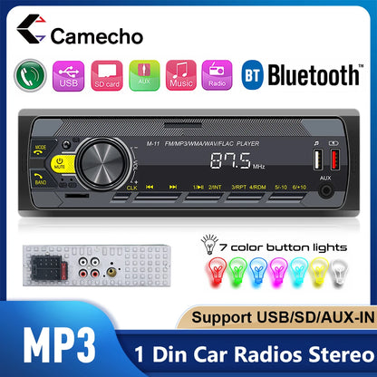 Camecho-Autoradio stéréo Bluetooth universel, lecteur audio MP3, prise en charge de l'assistant vocal, AUX, FM, USB, tableau de bord, 1 Din, 12V