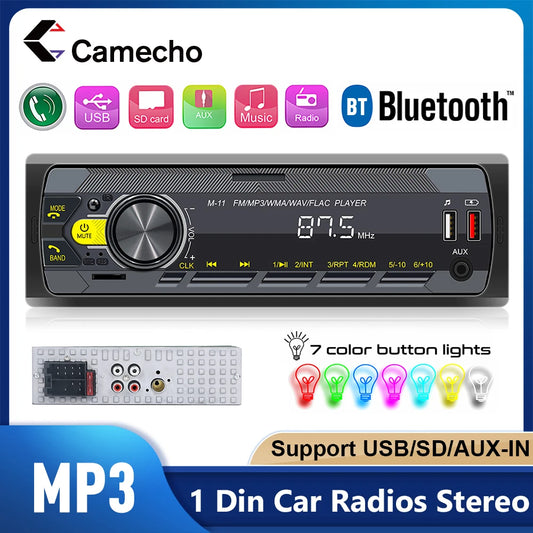 Camecho-Autoradio stéréo Bluetooth universel, lecteur audio MP3, prise en charge de l'assistant vocal, AUX, FM, USB, tableau de bord, 1 Din, 12V