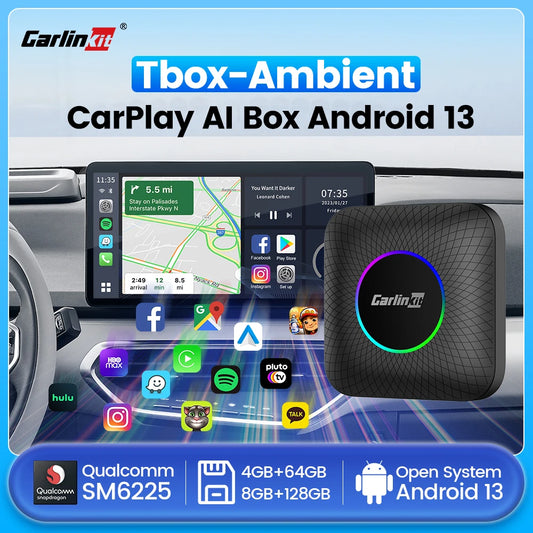2025 CarlinKit 3 en 1 Android 13 Mini CarPlay Ai Box Android Auto Sans Fil CarPlay Box QCM6125 6225 8-Core Intégré Netflix Google Play Store Prise en charge de la carte SD 512 Go Car Smart TV Box pour voitures Android