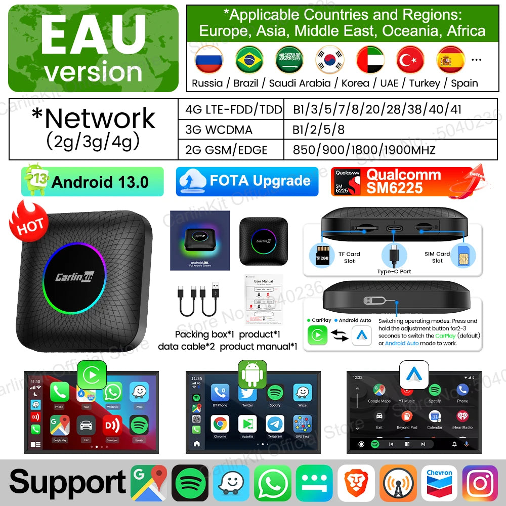2026 NOUVEAU CarlinKit Android 13 TV Box LED 8 Go + 128 Go SM6225 8-Core CarPlay sans fil Android Auto Adaptateur USB sans fil Prise en charge Netflix IPTV YouTube Tiktok Spotify GPS 4 Go + 64 Go