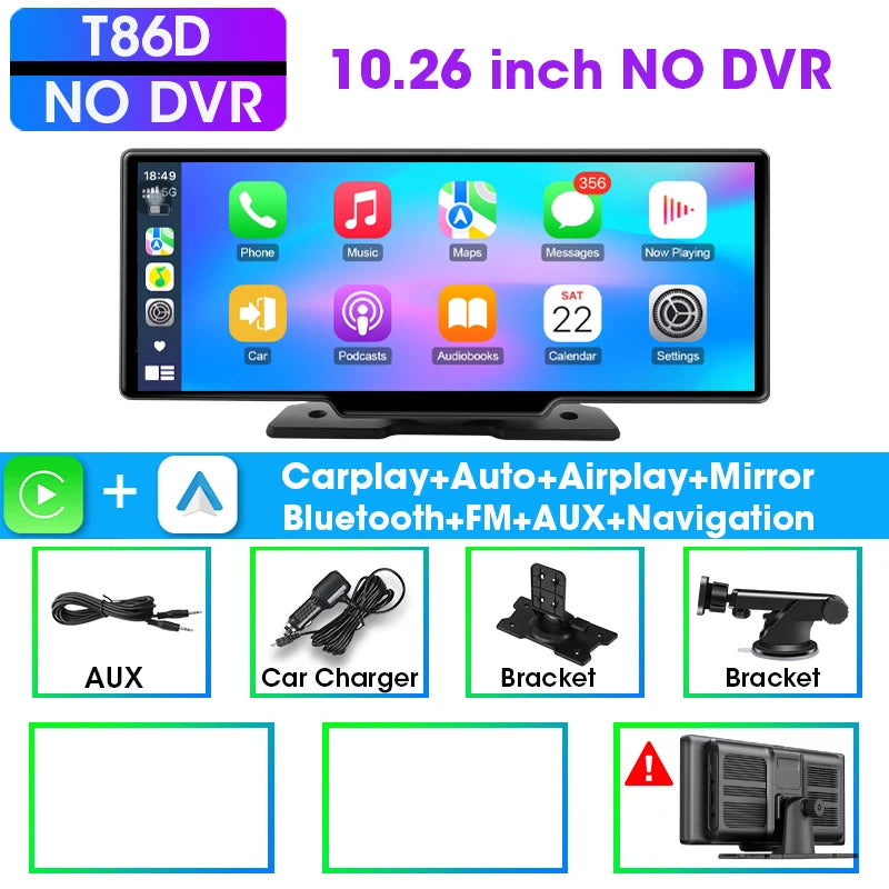 Écran Carplay 10.26 pouces pour voiture, CarPlay sans fil et Android Auto, lecteur vidéo multimédia universel pour autoradio, lecteur de voiture BT AUX FM
