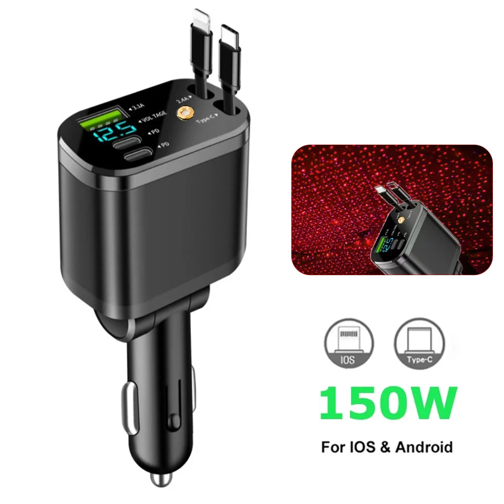 Chargeur de voiture 5 en 1 150W, affichage de la tension PD30W, charge Super rapide 22.5W avec câble rétractable pour IPhone Xiaomi Samsung