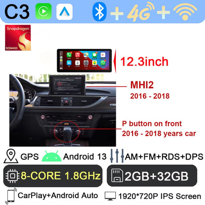 Android 13 sans fil Carplay 12.3 pouces pour Audi A6 C7 A7 2012-2018 autoradio multimédia Android Auto GPS 4G LTE DSP stéréo WiFi