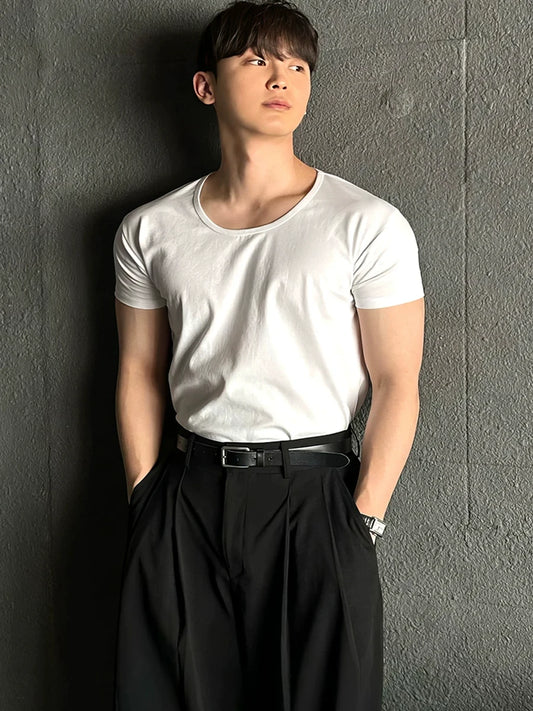 T-shirt d'été pour homme en soie glacée et modal, à manches courtes, col en U, coupe ample, lisse, sans traces, confortable et respirant, sous-vêtement de base