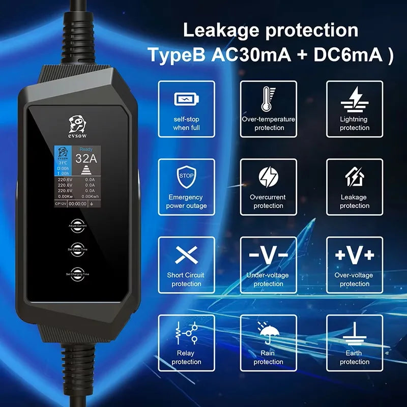 Evsow 7KW 11KW 22KW 32A3P EV chargeur Type2 IEC62196-2 chargeur de voiture électrique avec contrôle APP WIFI ajuster le courant et l'heure du chargeur de réglage