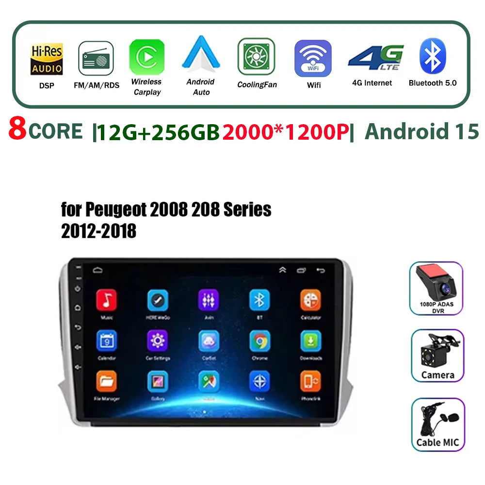 Autoradio multimédia Android 16 pour Peugeot 2008 208 Série 2012-2018 Lecteur Navigation GPS CarPlay sans fil Radio DVD Unité principale
