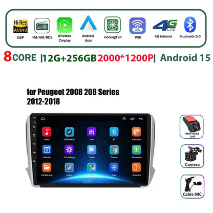 Autoradio multimédia Android 16 pour Peugeot 2008 208 Série 2012-2018 Lecteur Navigation GPS CarPlay sans fil Radio DVD Unité principale