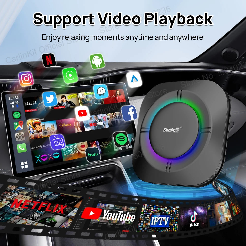 CarlinKit Android 13 LED AI Box CarPlay sans fil Android Auto Smart Car Multimedia Box Qualcomm 8-Core Chip SD Card Extensible jusqu'à 512 Go Support vidéo en ligne