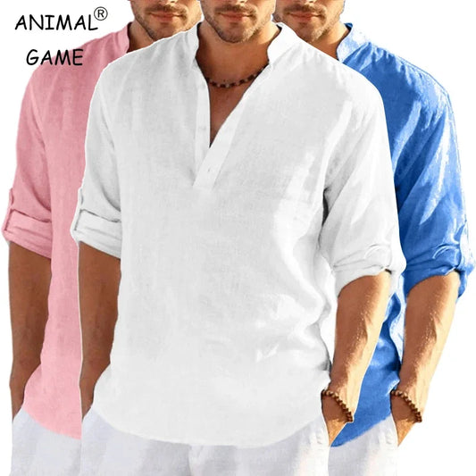 T-shirt à manches longues en lin pour hommes, chemise en coton respirant, streetwear léger, chemises de créateur monochromes, nouveau, document At
