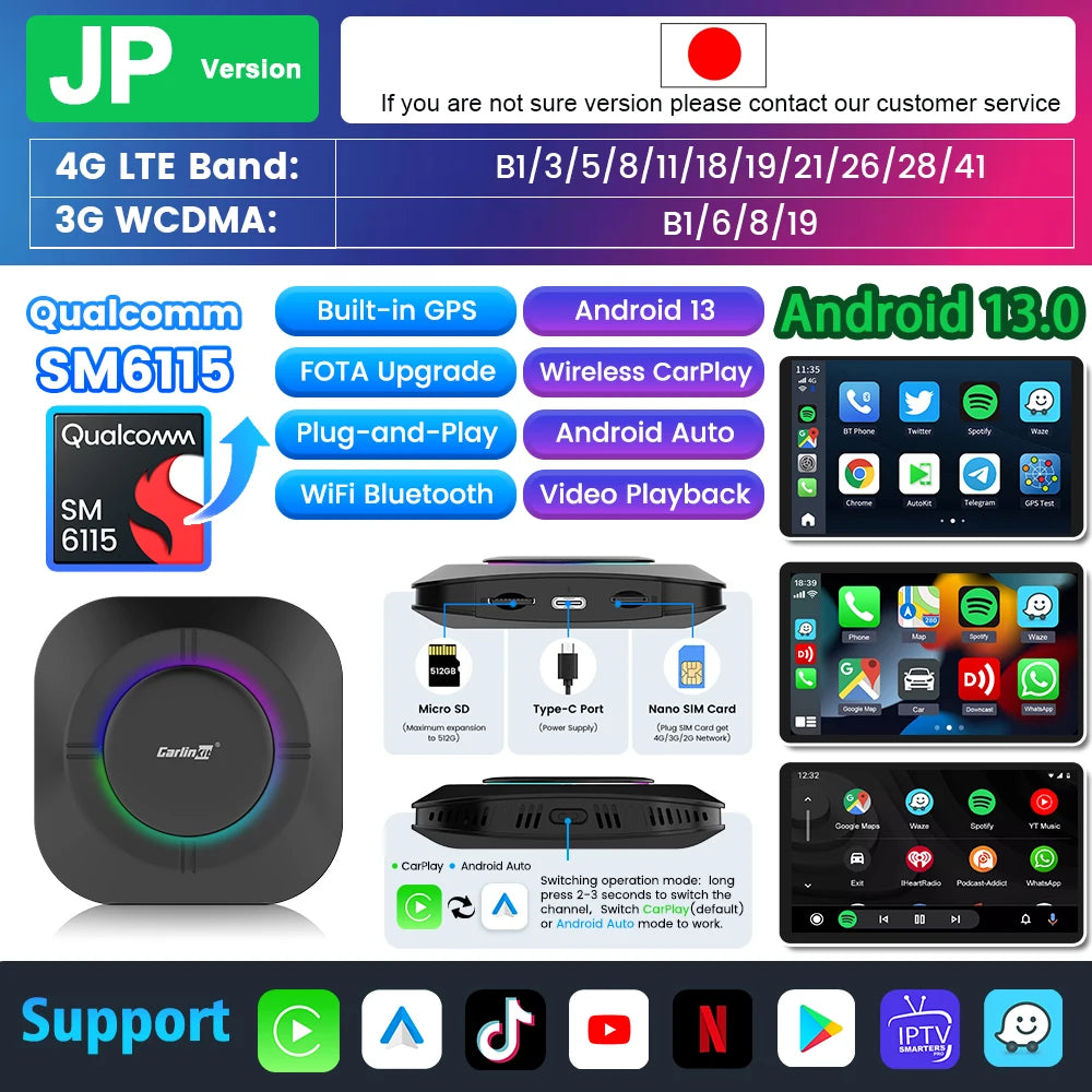 2026 Carlinkit Ai Box LED Android adaptateur Carplay sans fil Android 13 Qualcomm 6115 8 cœurs 64G Smart Tv Box pour Netflix IPTV