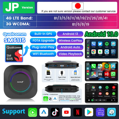 2026 Carlinkit Ai Box LED Android adaptateur Carplay sans fil Android 13 Qualcomm 6115 8 cœurs 64G Smart Tv Box pour Netflix IPTV