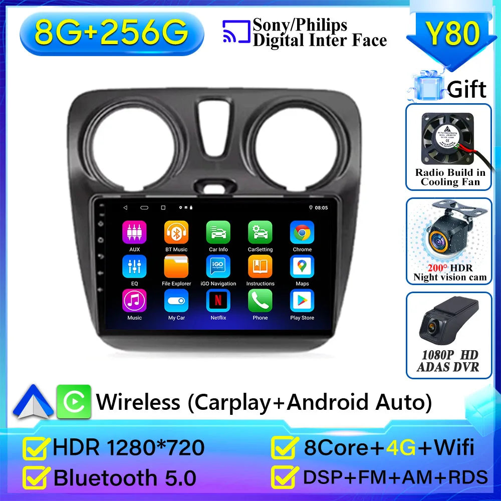 Pour Renault Dokker Lodgy Dacia 2012-2020 autoradio Android 15 Navigation GPS Android Auto Carplay Android Auto vidéo pas de 2din DVD