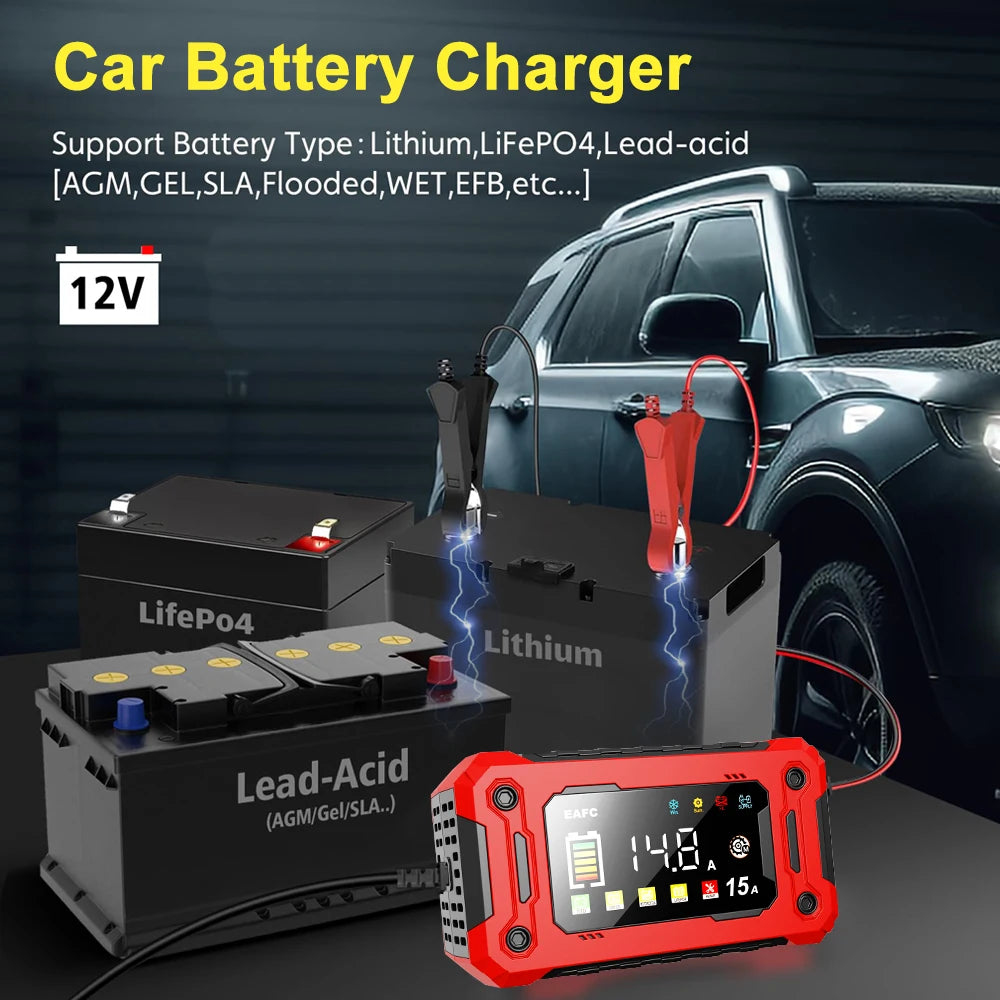 Le plus récent chargeur de batterie de voiture 12V 15A/8A réparation d'impulsions grand écran chargeur intelligent pour voiture moto plomb acide AGM GEL Batteries
