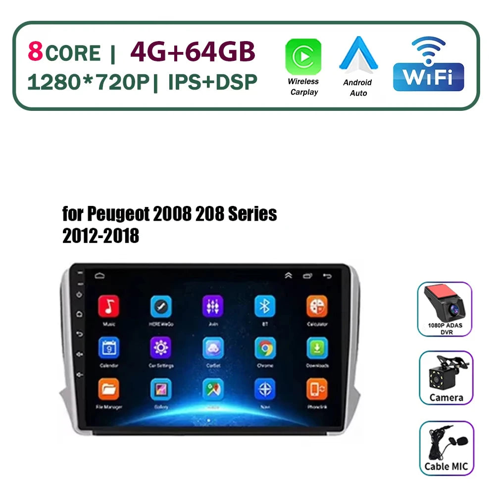 Autoradio multimédia Android 16 pour Peugeot 2008 208 Série 2012-2018 Lecteur Navigation GPS CarPlay sans fil Radio DVD Unité principale