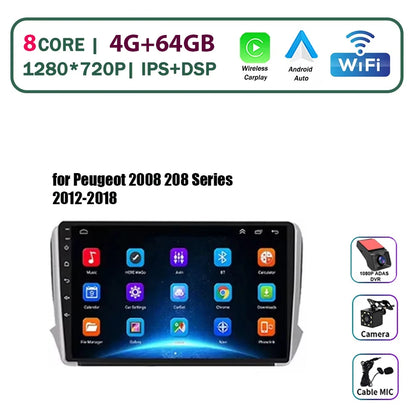 Autoradio multimédia Android 16 pour Peugeot 2008 208 Série 2012-2018 Lecteur Navigation GPS CarPlay sans fil Radio DVD Unité principale