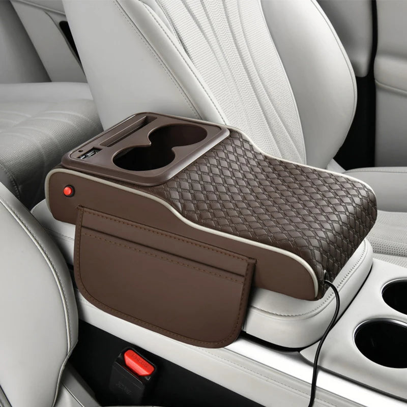 Boîte de rangement multifonctionnelle 10-en-1 pour accoudoir de voiture, avec coussin rehausseur sportif supérieur, port de charge USB et lampe d'ambiance étoilée