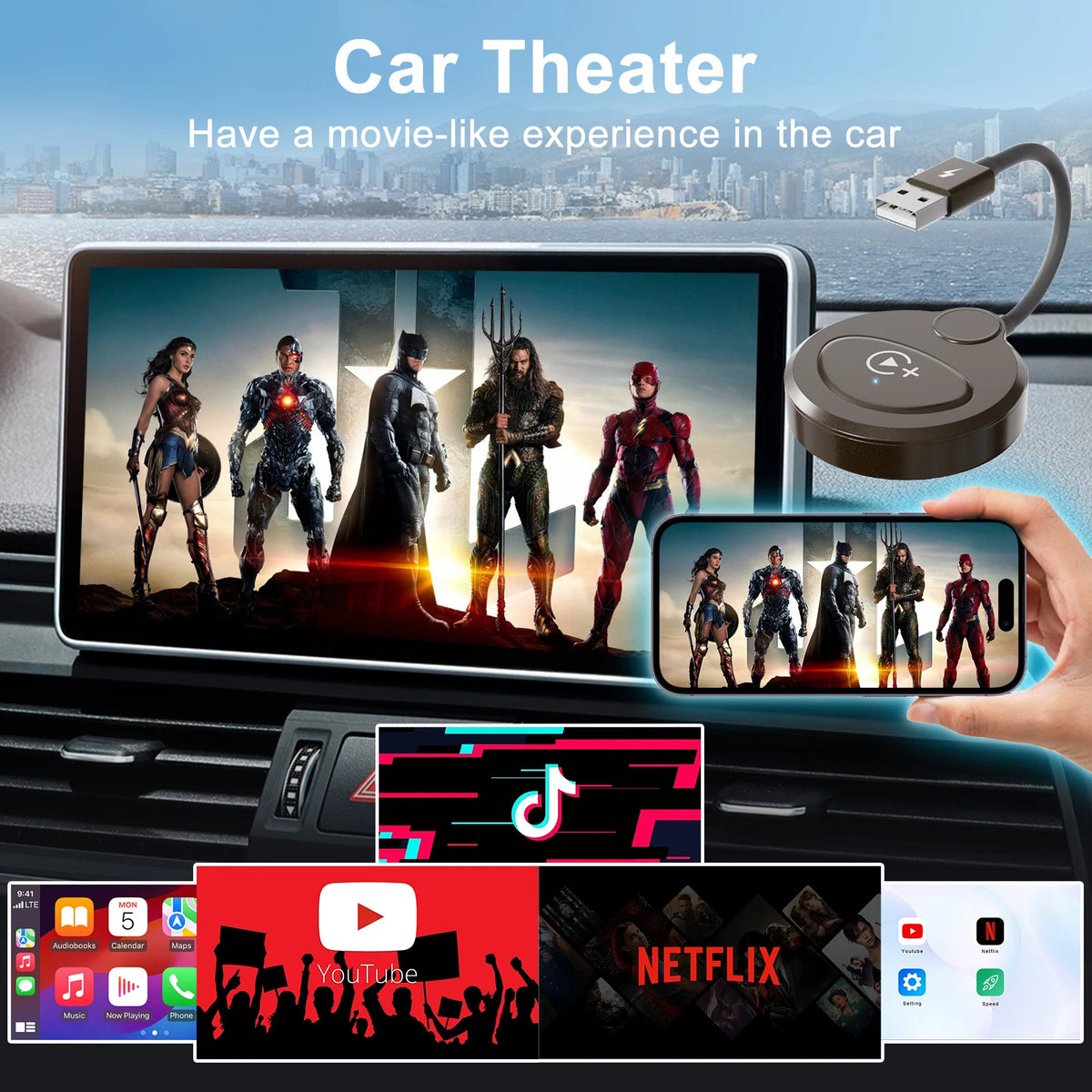 Adaptateur sans fil Carplay avec Youtube/Netflix/Tiktok, Dongle USB Carplay sans fil pour Carplay filaire en usine vers sans fil