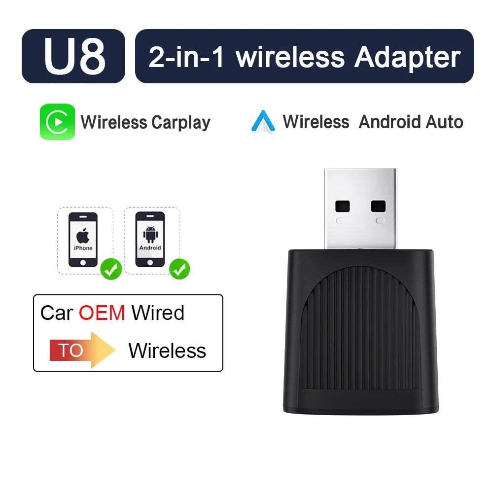 Adaptateur CarPlay Android Auto sans fil BYLITU Mini U8 convertit CarPlay filaire en sans fil Compatible avec la plupart des voitures Plug & Play