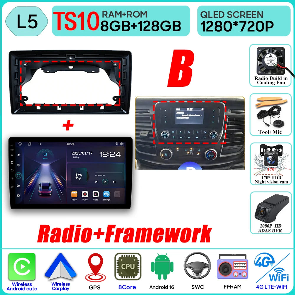 Autoradio Android 16 pour Ford Transit personnalisé Transit V363 350 lecteur multimédia Carplay Navigation GPS 4G Wifi vidéo stéréo 2din