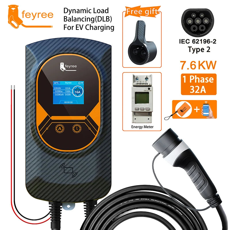 شاحن Feyree EV Type2 كابل 32 أمبير 7.6 كيلو واط شحن ديناميكي موازنة Wallbox EVSE وظيفة التطبيق 11 كيلو واط 22 كيلو واط محطة شحن سيارة كهربائية