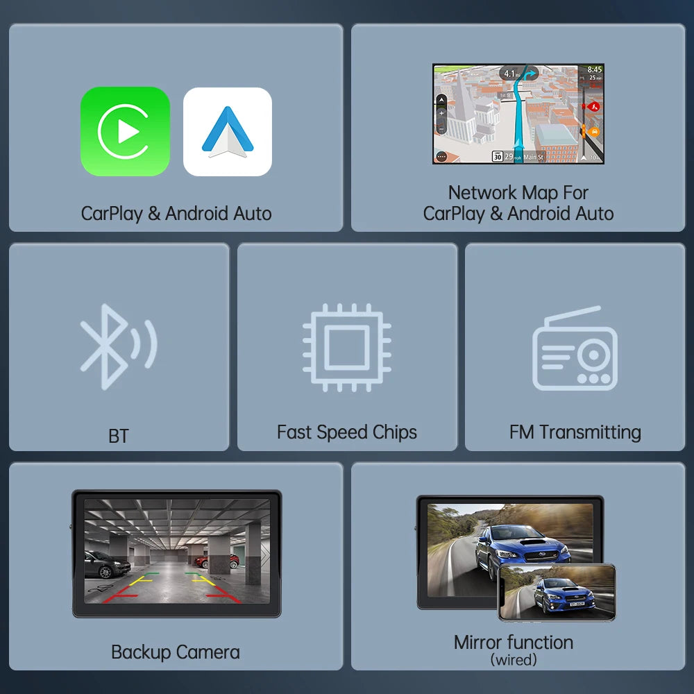 Autoradio Portable CarPlay Android Auto, lecteur vidéo multimédia de 7 pouces, écran tactile avec USB AUX pour caméra de recul