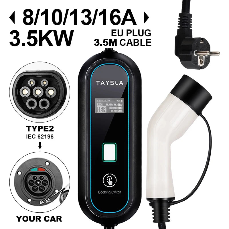 TAYSLA EV chargeur Type 2 IEC62196-2 câble de charge EVSE Portable 16A 3.5KW EV Station de charge Wallbox prise ue pour voiture électrique