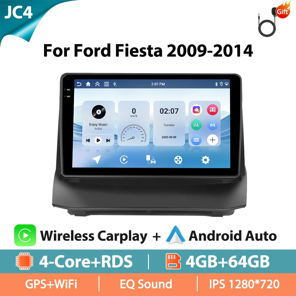 Autoradio Hikity 9 pouces 4G pour Ford Fiesta 2009-2014, lecteur multimédia vidéo, Carplay, Android Auto, 8 cœurs, WIFI, 4G, GPS, Mirrorlink, BT
