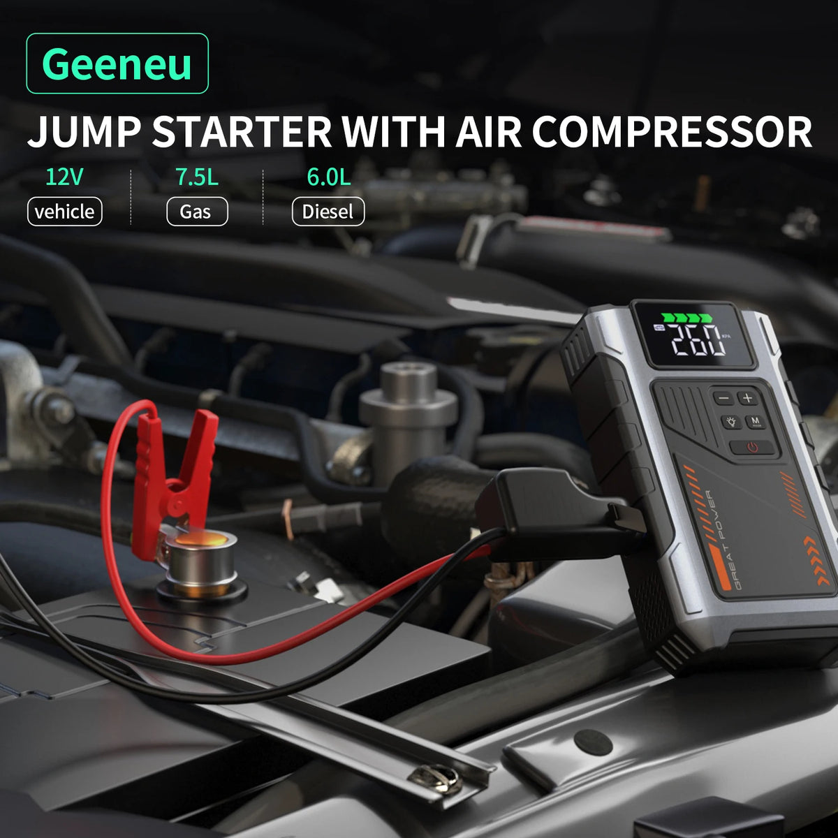Démarreur de saut de voiture Portable avec compresseur d'air, pointe 3000A (gaz 7,5 L, 6,5 L Diesel), batterie de démarreur de saut avec pneu 150 PSl Inf