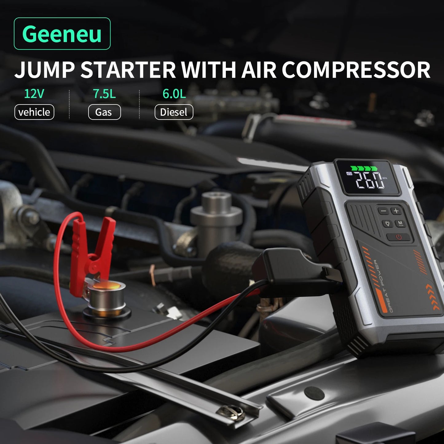 Démarreur de saut de voiture Portable avec compresseur d'air, pointe 3000A (gaz 7,5 L, 6,5 L Diesel), batterie de démarreur de saut avec pneu 150 PSl Inf