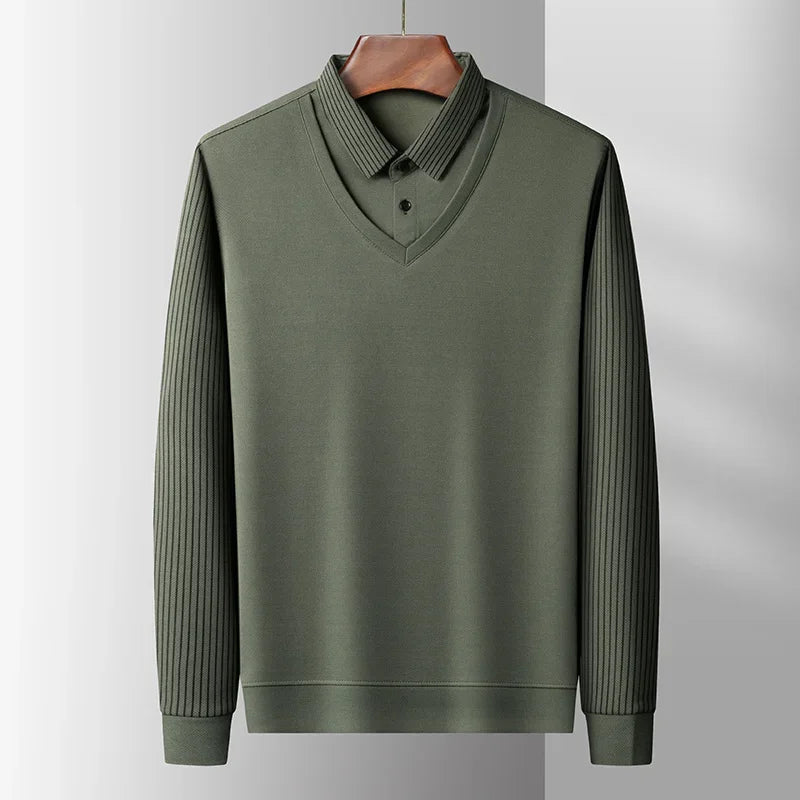 Polo à manches longues pour hommes, décontracté et à la mode, couleur unie, faux deux pièces, Business, toutes saisons, haut polyvalent, nouvelle collection 2025