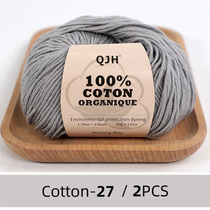 QJH Fil 100% coton biologique, fil pour tricoter, crochet et artisanat, paquet de 2 - 1,76 oz/136 mètres/1 pièce, léger, Dk