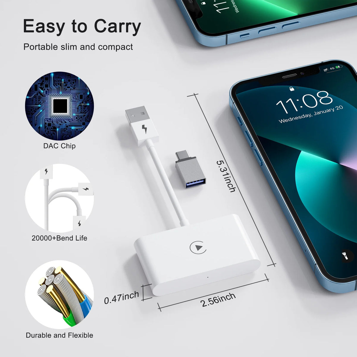 Adaptateur CarPlay sans fil IOS ou Android Auto sans fil 5G WiFi type-c USB Plug Play CarPlay sans fil