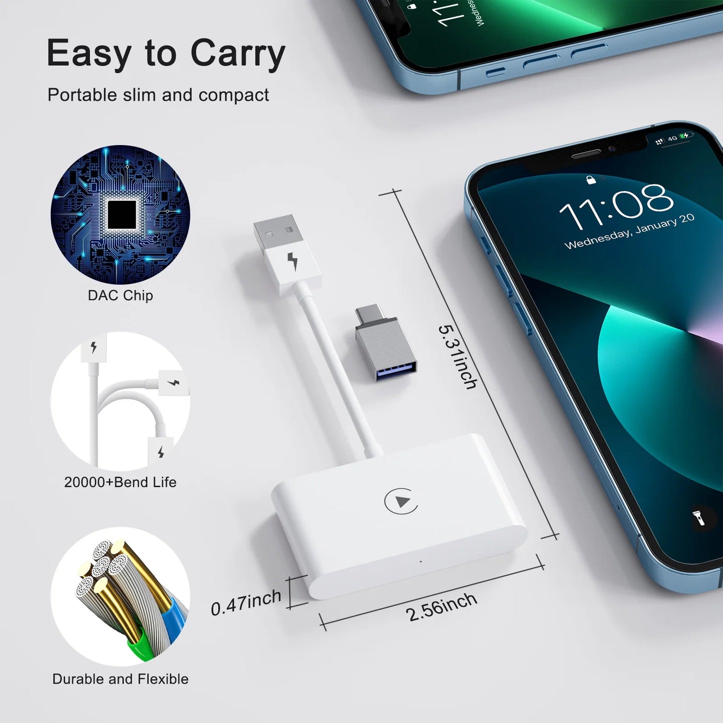 Adaptateur CarPlay sans fil IOS ou Android Auto sans fil 5G WiFi type-c USB Plug Play CarPlay sans fil