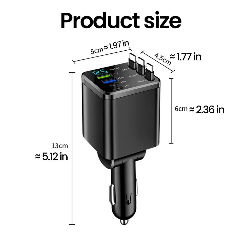 Chargeur de voiture 150W PD30W, adaptateur allume-cigare de voiture, affichage de la tension avec câble rétractable, chargeur rapide 22.5W pour IOS Android